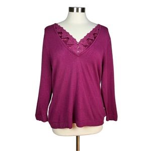 Apostrophe Raspberry Purple Sweater with Embroidery and Satin Detail